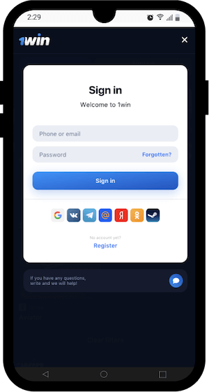 1win sign in screen with mail and password