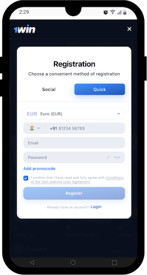 how to register on 1win apk app